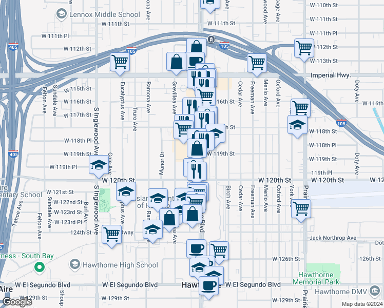 map of restaurants, bars, coffee shops, grocery stores, and more near 11915 Hawthorne Boulevard in Hawthorne