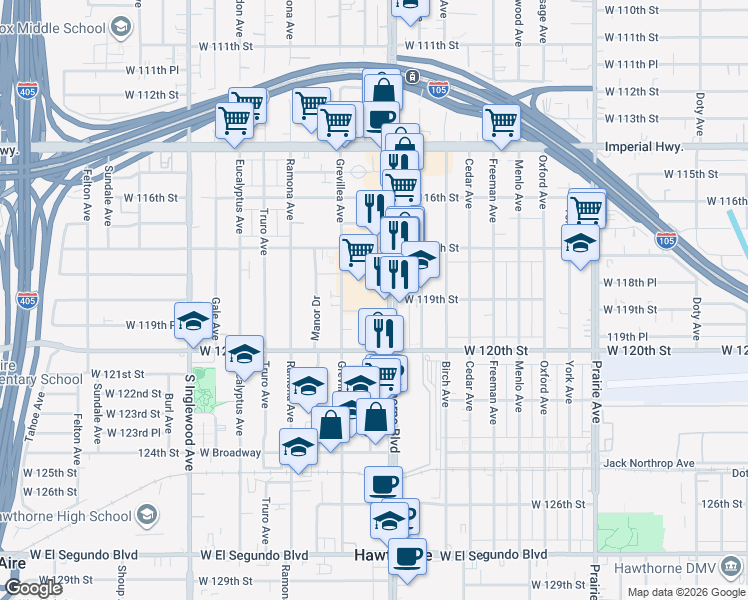 map of restaurants, bars, coffee shops, grocery stores, and more near 11915 Hawthorne Boulevard in Hawthorne