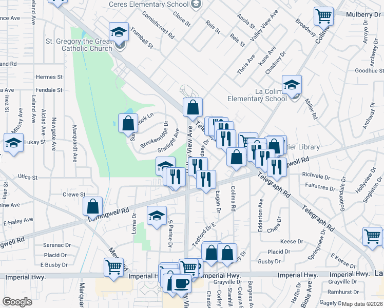 map of restaurants, bars, coffee shops, grocery stores, and more near 11602 Valley View Avenue in Whittier