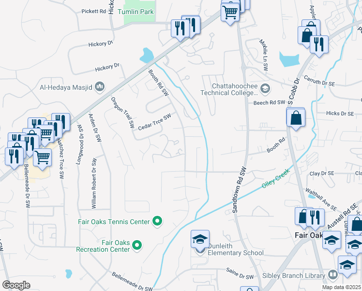 map of restaurants, bars, coffee shops, grocery stores, and more near 578 Summit Lane Southwest in Marietta