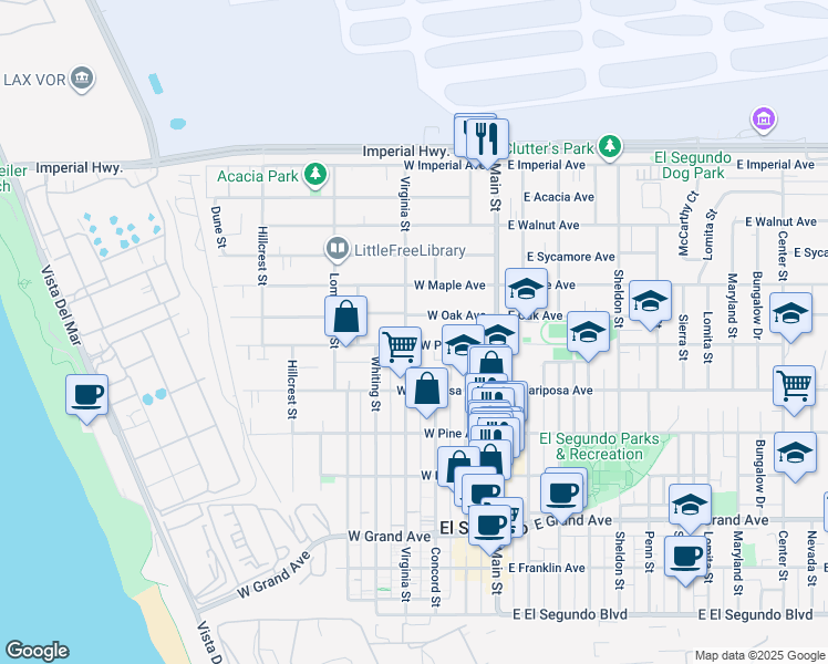map of restaurants, bars, coffee shops, grocery stores, and more near 712 Virginia Street in El Segundo