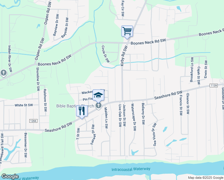 map of restaurants, bars, coffee shops, grocery stores, and more near 2511 Barracuda Street Southwest in Brunswick County