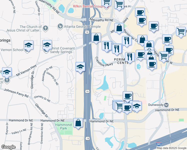 map of restaurants, bars, coffee shops, grocery stores, and more near 21 Dunwoody Springs Drive in Atlanta