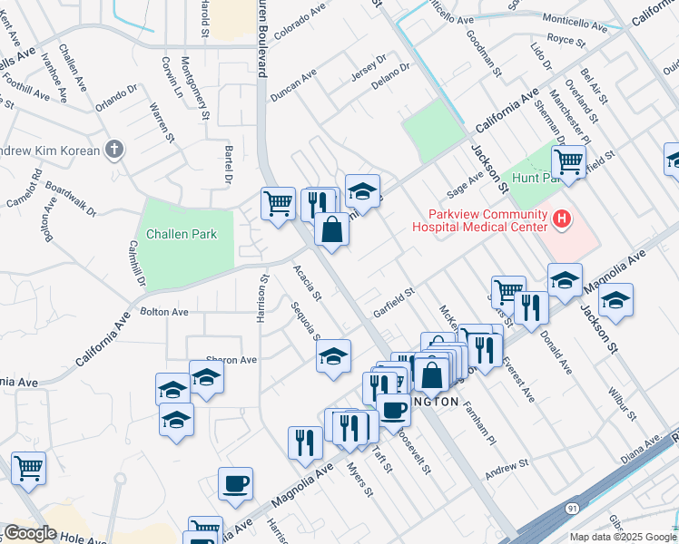 map of restaurants, bars, coffee shops, grocery stores, and more near 4115 Van Buren Boulevard in Riverside