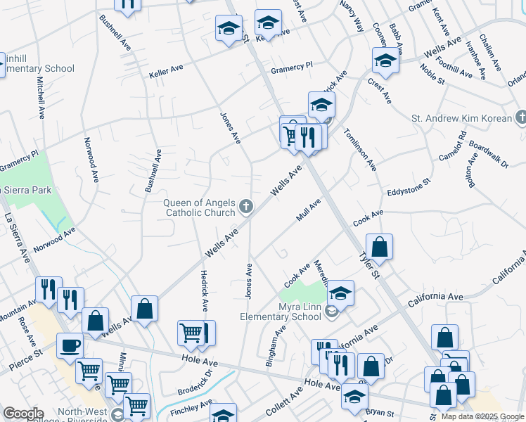 map of restaurants, bars, coffee shops, grocery stores, and more near 10380 Wells Avenue in Riverside