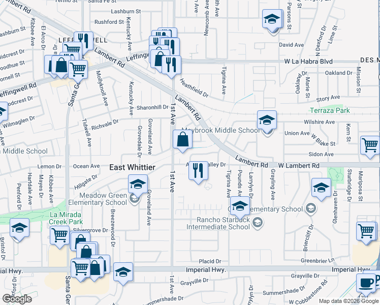 map of restaurants, bars, coffee shops, grocery stores, and more near 16263 Sugargrove Drive in Whittier