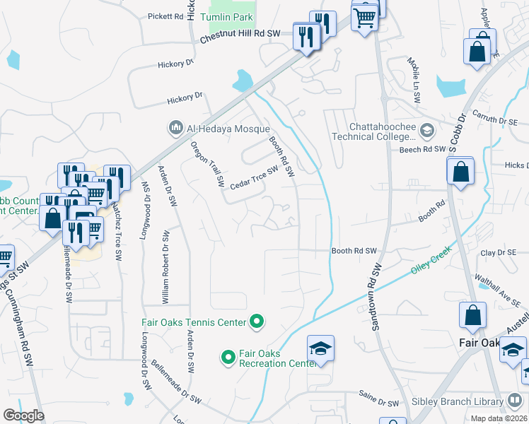 map of restaurants, bars, coffee shops, grocery stores, and more near 340 Jamaica Cove SW in Marietta
