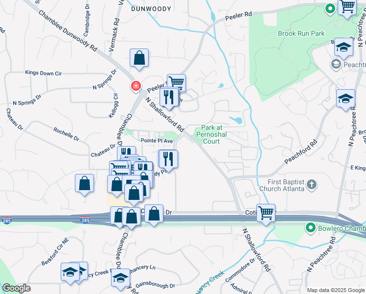 map of restaurants, bars, coffee shops, grocery stores, and more near 100 Azalea Garden Drive in Dunwoody