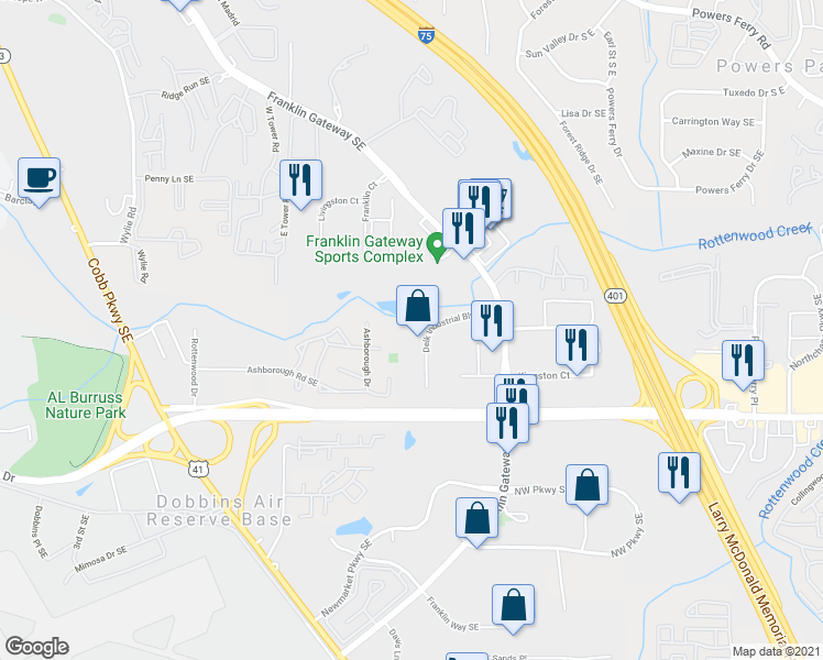 map of restaurants, bars, coffee shops, grocery stores, and more near 1982 Delk Industrial Boulevard Southeast in Marietta