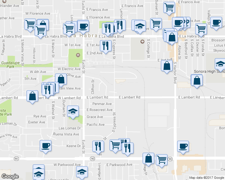 map of restaurants, bars, coffee shops, grocery stores, and more near 615 South Cypress Street in La Habra