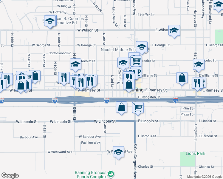 map of restaurants, bars, coffee shops, grocery stores, and more near 311 West Ramsey Street in Banning