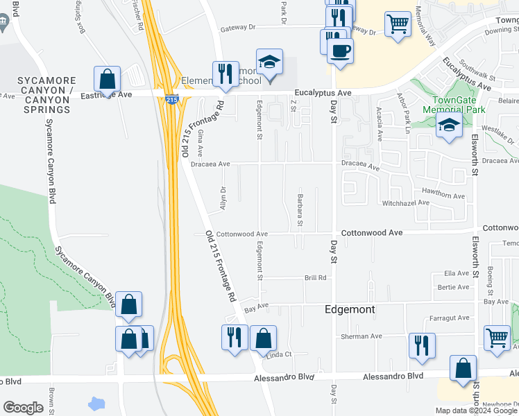map of restaurants, bars, coffee shops, grocery stores, and more near 13397 Edgemont Street in Moreno Valley