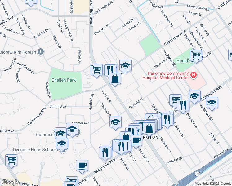 map of restaurants, bars, coffee shops, grocery stores, and more near 4115 Van Buren Boulevard in Riverside
