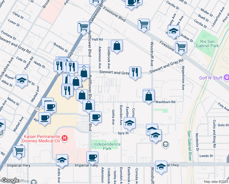 map of restaurants, bars, coffee shops, grocery stores, and more near 9332 Elm Vista Drive in Downey