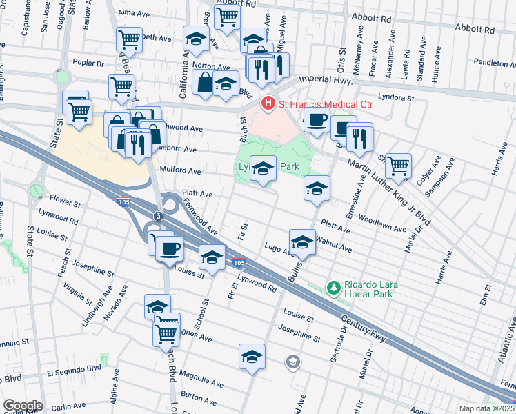map of restaurants, bars, coffee shops, grocery stores, and more near 3630 Platt Avenue in Lynwood