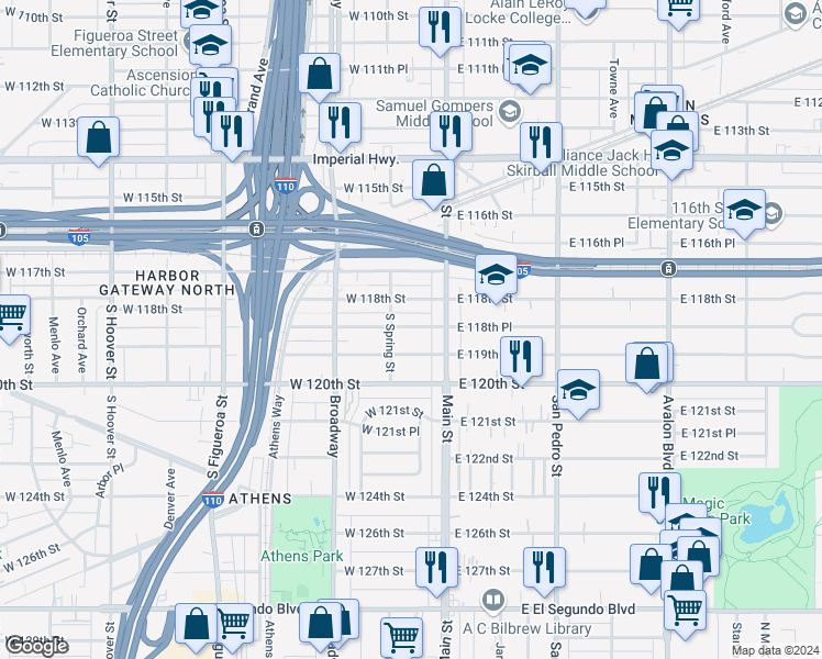 map of restaurants, bars, coffee shops, grocery stores, and more near 126 West 118th Place in Los Angeles
