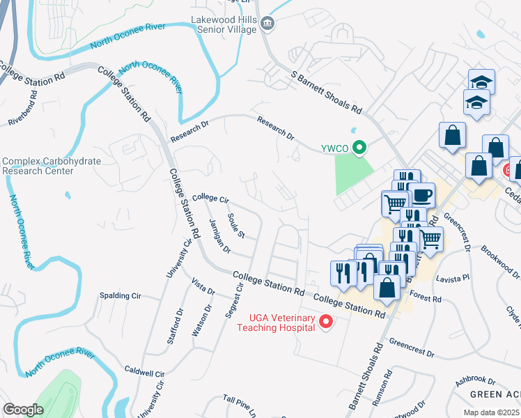 map of restaurants, bars, coffee shops, grocery stores, and more near 341 College Circle in Athens