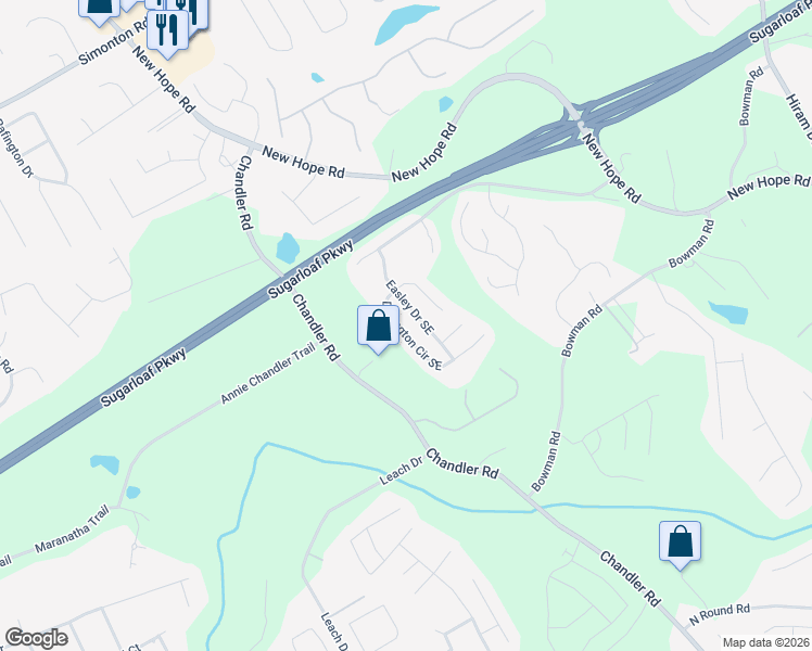 map of restaurants, bars, coffee shops, grocery stores, and more near 384 Easley Drive Southeast in Lawrenceville