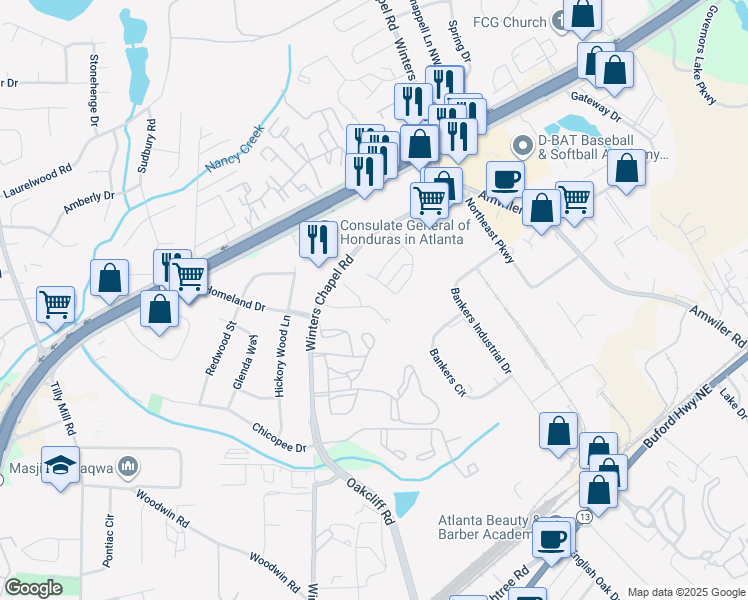 map of restaurants, bars, coffee shops, grocery stores, and more near 1202 Winters Creek Drive in Atlanta