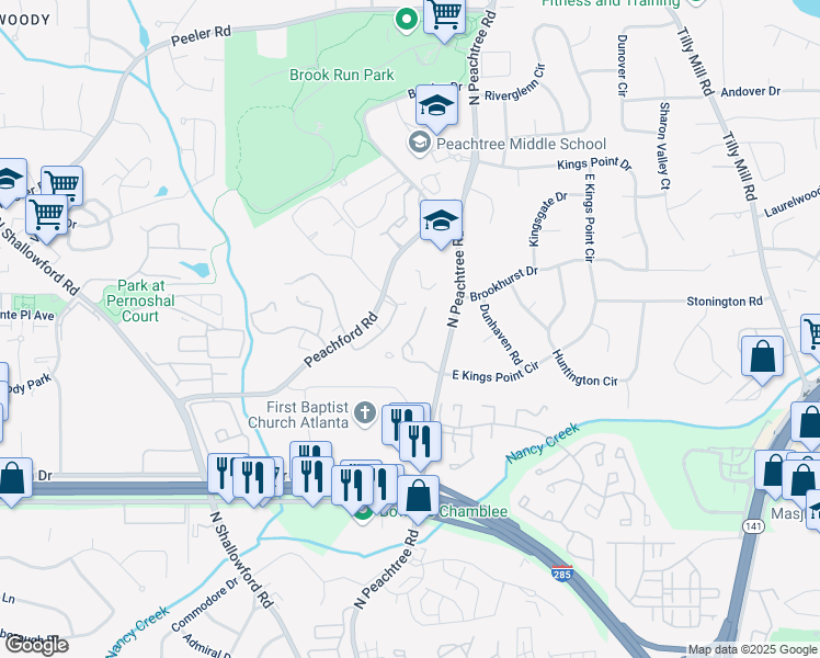 map of restaurants, bars, coffee shops, grocery stores, and more near 2135 North Forest Trail in Dunwoody