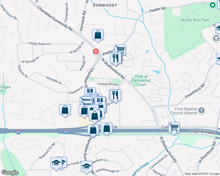 map of restaurants, bars, coffee shops, grocery stores, and more near 4350 Bramble Place in Dunwoody