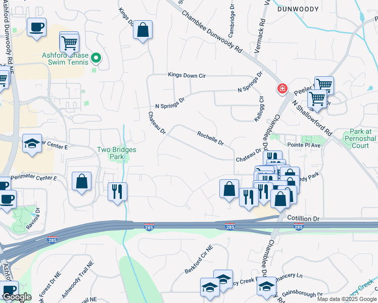 map of restaurants, bars, coffee shops, grocery stores, and more near 1611 Chateau Drive in Dunwoody