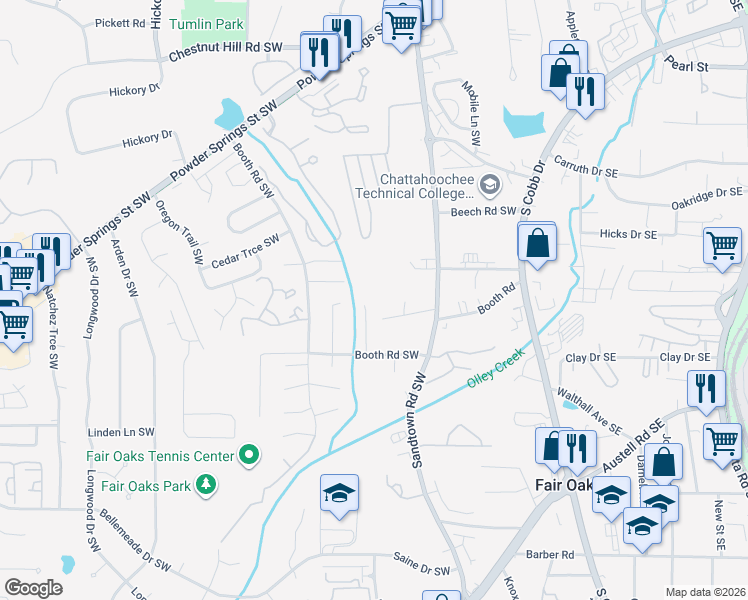 map of restaurants, bars, coffee shops, grocery stores, and more near 1100 Booth Court Southwest in Marietta
