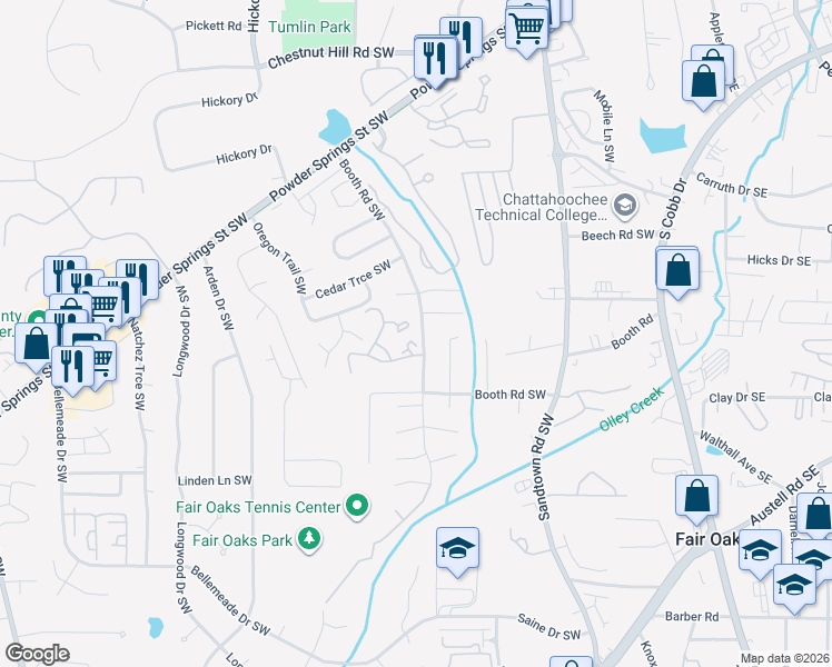 map of restaurants, bars, coffee shops, grocery stores, and more near 578 Summit Lane Southwest in Marietta