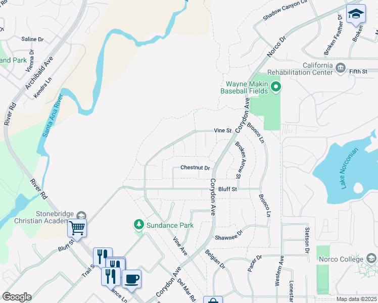 map of restaurants, bars, coffee shops, grocery stores, and more near 2953 Driftwood Place in Norco
