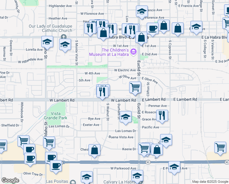 map of restaurants, bars, coffee shops, grocery stores, and more near 326 West Mountain View Avenue in La Habra