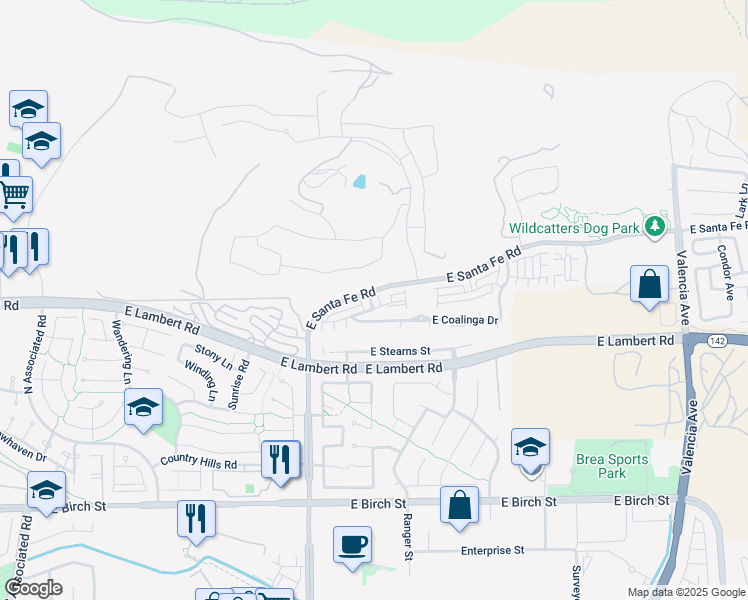 map of restaurants, bars, coffee shops, grocery stores, and more near 408 Tapia Lane in Brea