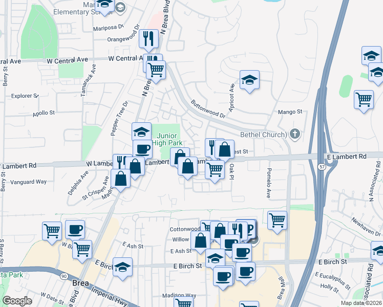 map of restaurants, bars, coffee shops, grocery stores, and more near 345 Meadow Court in Brea