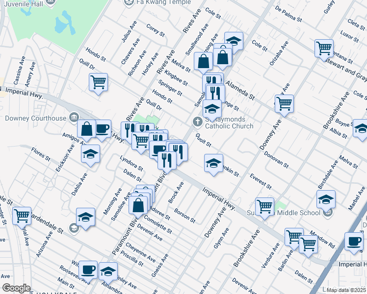 map of restaurants, bars, coffee shops, grocery stores, and more near 12450 Paramount Blvd in Downey