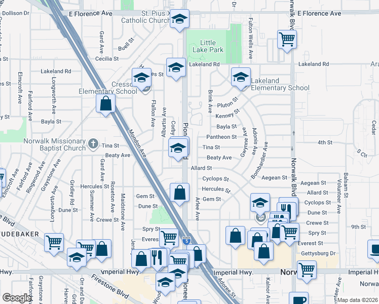 map of restaurants, bars, coffee shops, grocery stores, and more near 11622 Pioneer Blvd in Norwalk