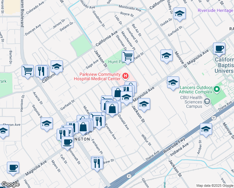 map of restaurants, bars, coffee shops, grocery stores, and more near 3879 Lafayette Street in Riverside