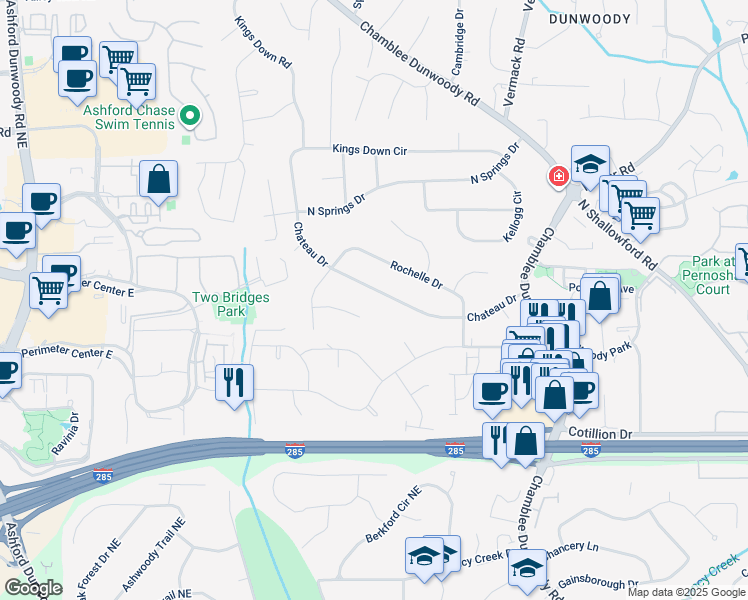 map of restaurants, bars, coffee shops, grocery stores, and more near 1611 Chateau Drive in Dunwoody