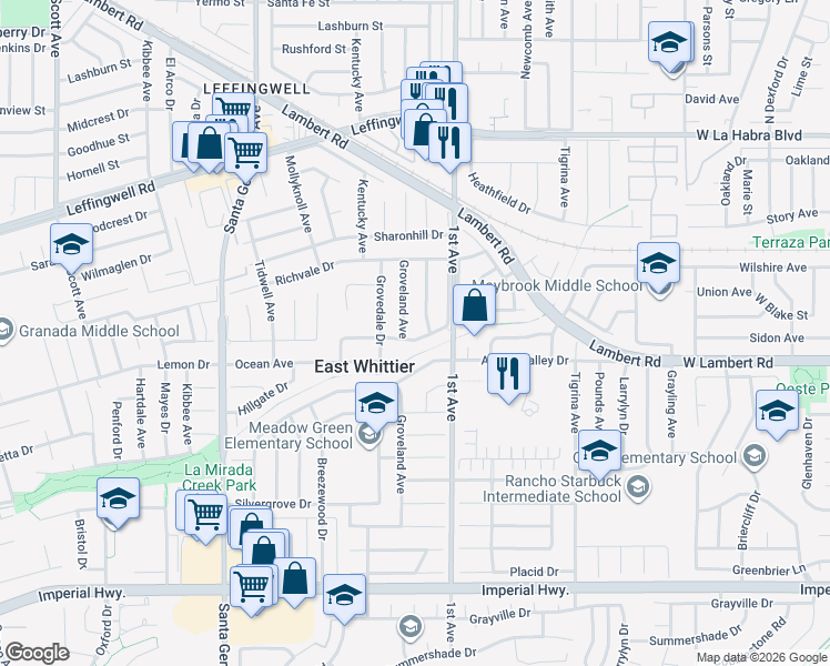 map of restaurants, bars, coffee shops, grocery stores, and more near 16121 Marlinton Drive in Whittier