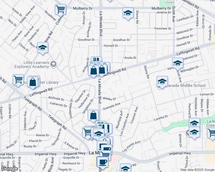 map of restaurants, bars, coffee shops, grocery stores, and more near 11701 Broadfield Drive in La Mirada