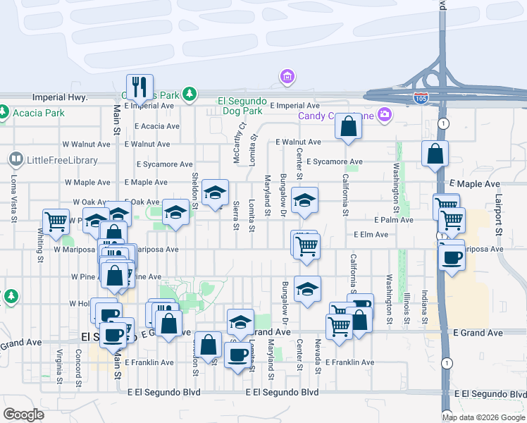 map of restaurants, bars, coffee shops, grocery stores, and more near 715 Maryland Street in El Segundo
