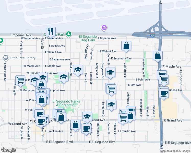 map of restaurants, bars, coffee shops, grocery stores, and more near 715 Maryland Street in El Segundo