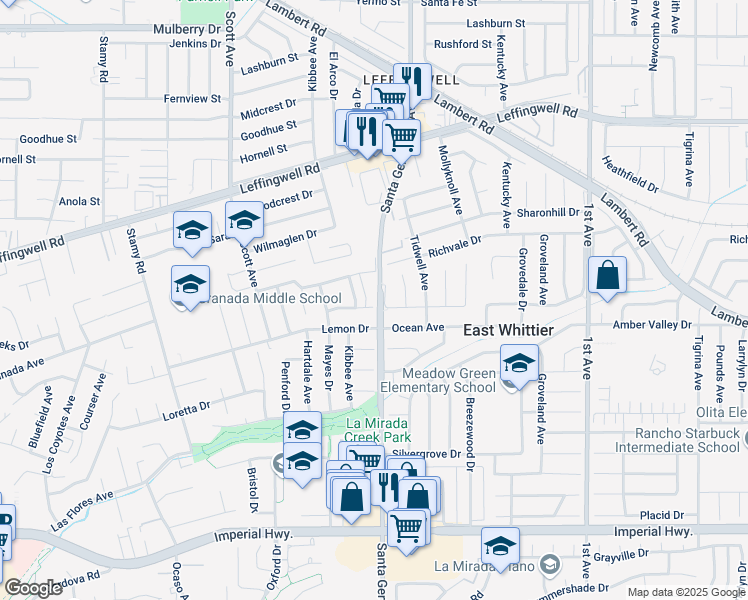map of restaurants, bars, coffee shops, grocery stores, and more near 15761 Marlinton Drive in Whittier