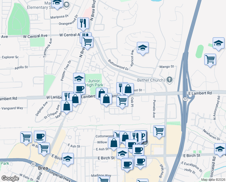 map of restaurants, bars, coffee shops, grocery stores, and more near 345 Meadow Court in Brea