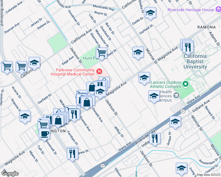 map of restaurants, bars, coffee shops, grocery stores, and more near 9041 Magnolia Avenue in Riverside