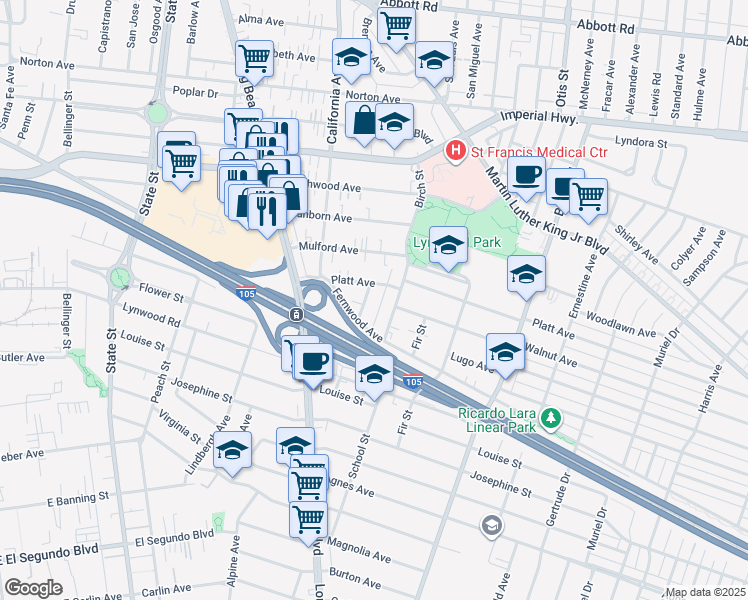 map of restaurants, bars, coffee shops, grocery stores, and more near 11460 Copeland Street in Lynwood