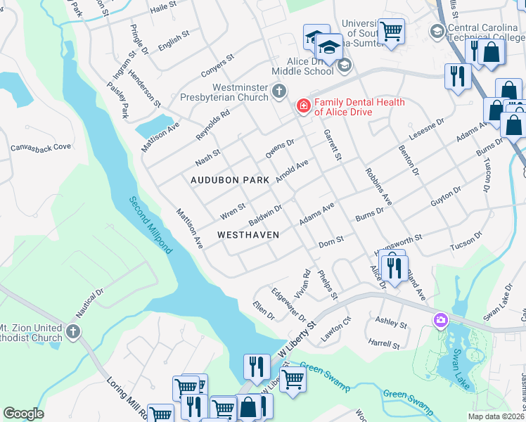 map of restaurants, bars, coffee shops, grocery stores, and more near 613 Baldwin Drive in Sumter