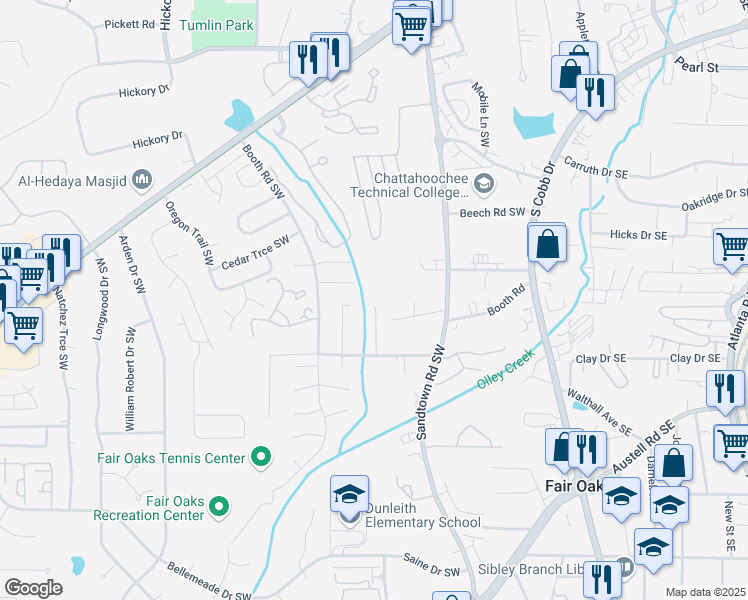 map of restaurants, bars, coffee shops, grocery stores, and more near 1100 Booth Court Southwest in Marietta