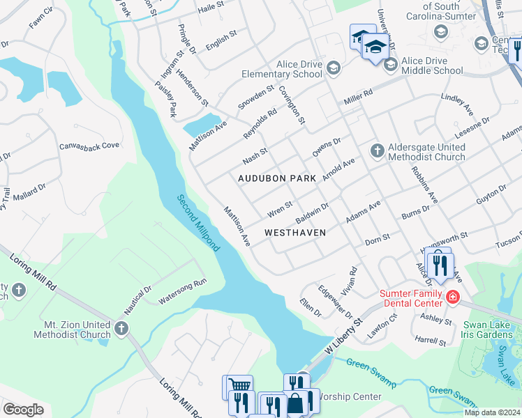 map of restaurants, bars, coffee shops, grocery stores, and more near 5 Tanager Trail in Sumter