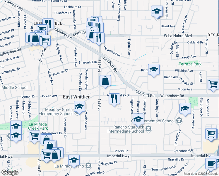 map of restaurants, bars, coffee shops, grocery stores, and more near 16263 Sugargrove Dr in Whittier