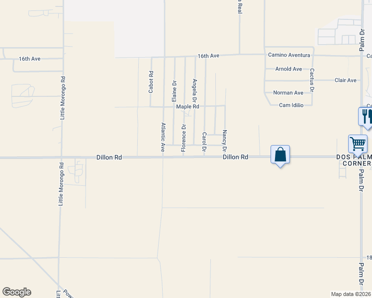 map of restaurants, bars, coffee shops, grocery stores, and more near 65613 Sycamore Road in Desert Hot Springs