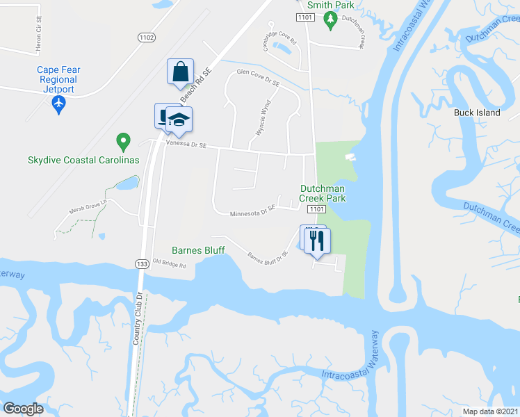 map of restaurants, bars, coffee shops, grocery stores, and more near 5167 Minnesota Drive Southeast in Southport
